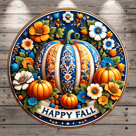 A decorative round plaque with a pumpkin and flowers, surrounded by the text "HAPPY FALL".