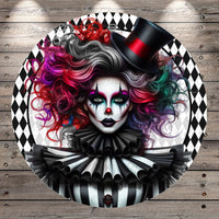 A digital illustration of a woman with striking makeup and a top hat, surrounded by a black and white checkered pattern.