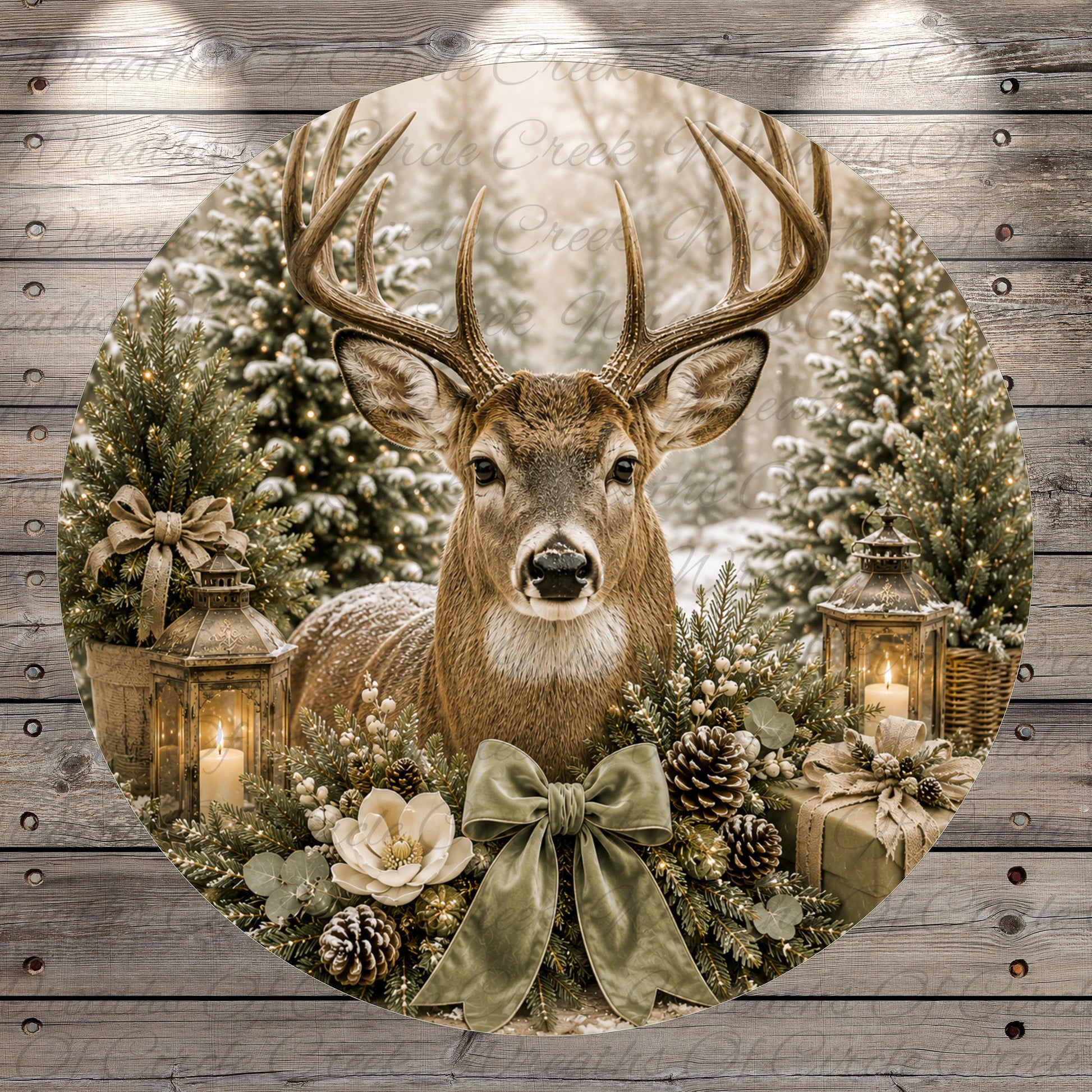 A deer with large antlers sits in a wreath of pine cones, pine branches, and flowers, surrounded by lanterns and Christmas decorations, creating a festive and cozy holiday scene.