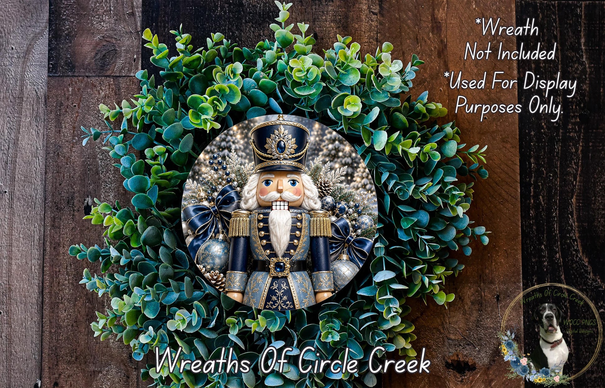 A wreath featuring a nutcracker nutcracker figure surrounded by green foliage, with a caption stating that the wreath is not included in a display and is used for purposes only.