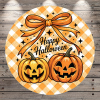 A round Halloween-themed graphic with two jack-o'-lanterns and a bow, surrounded by stars and the text "Happy Halloween".