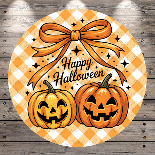 A round Halloween-themed graphic with two jack-o'-lanterns and a bow, surrounded by stars and the text "Happy Halloween".