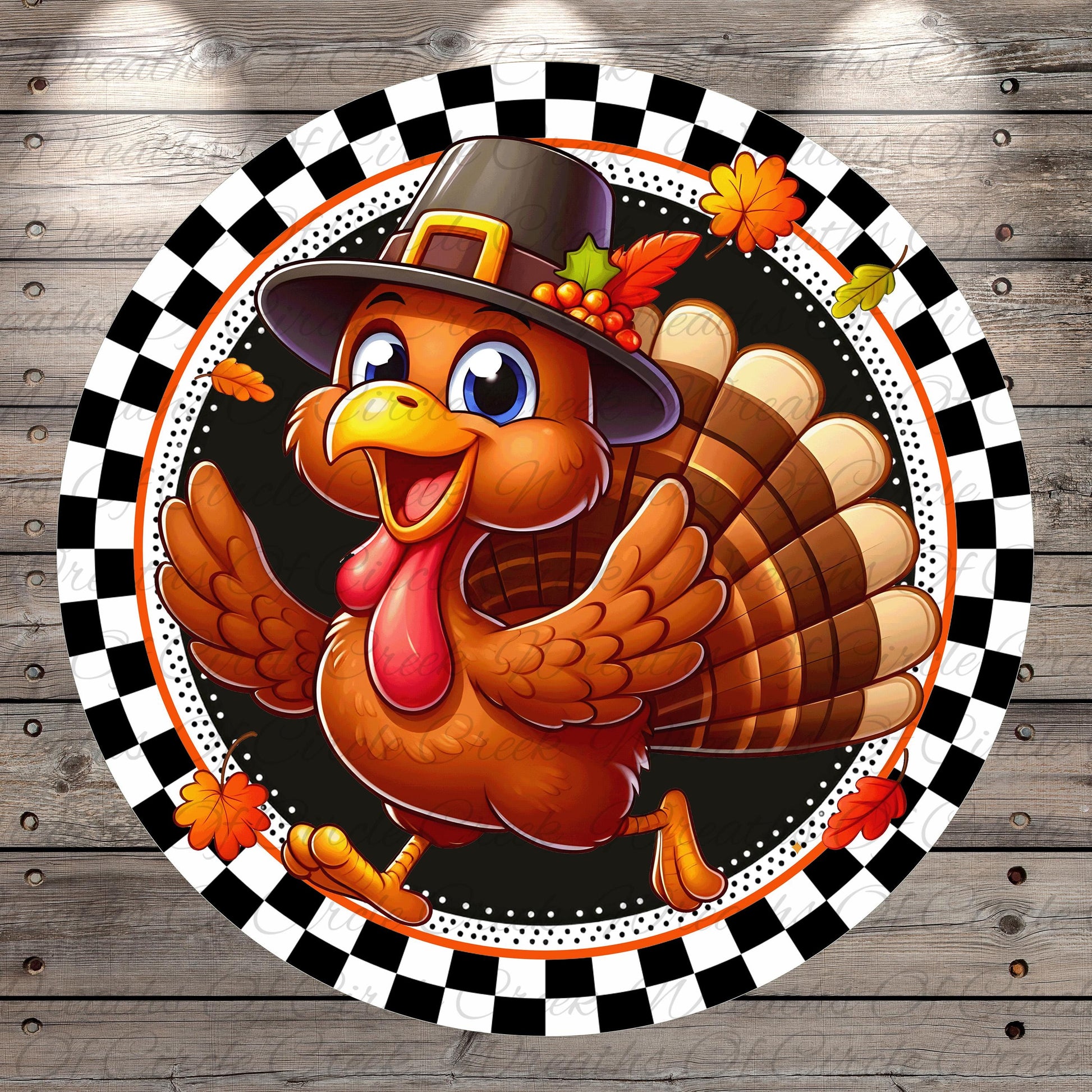 A cheerful cartoon turkey wearing a Thanksgiving-themed hat and surrounded by autumn leaves, all set against a checkered background.