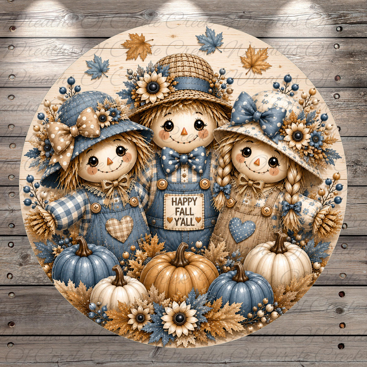 A round, decorative image featuring three scarecrow dolls surrounded by pumpkins, flowers, and leaves, with a sign that says "Happy Fall Y'all".