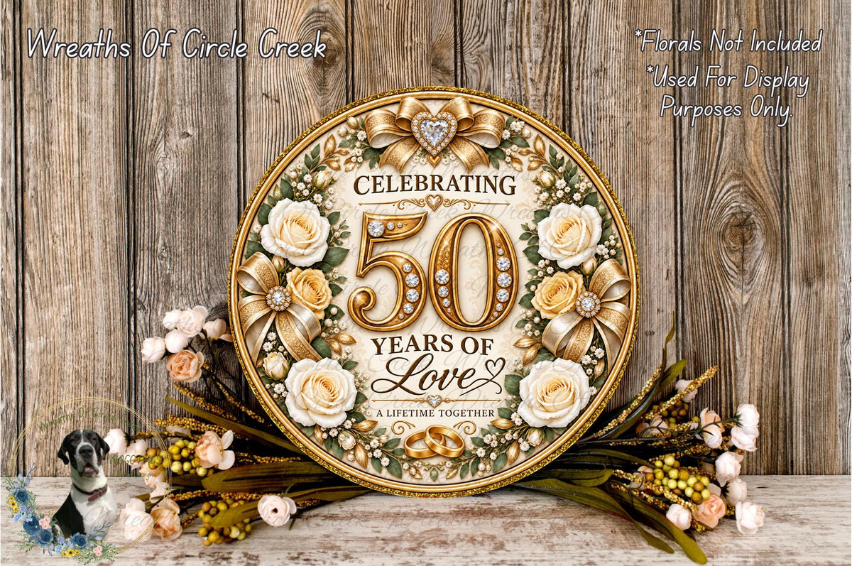 a decorative sign celebrating a 50th anniversary, surrounded by flowers and greenery.
