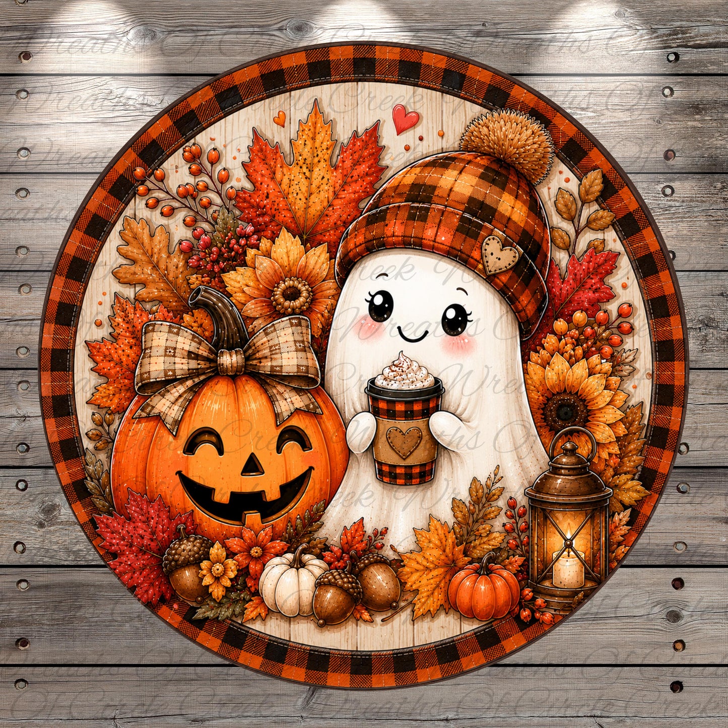 A Halloween-themed illustration featuring a ghost holding a cup of coffee, surrounded by autumn decorations such as pumpkins, leaves, and a lantern.