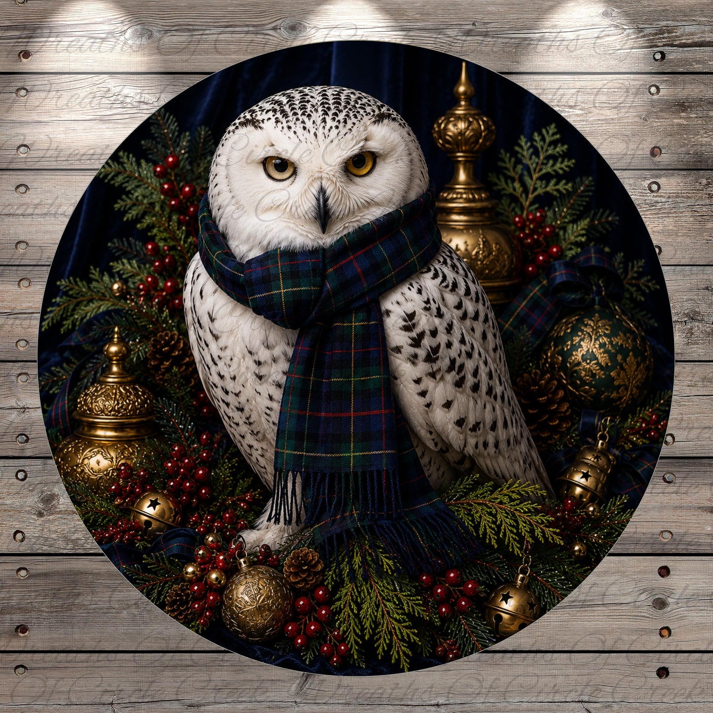 A white owl wearing a plaid scarf is perched on a branch surrounded by holiday decorations, including ornaments, pine cones, and berries.