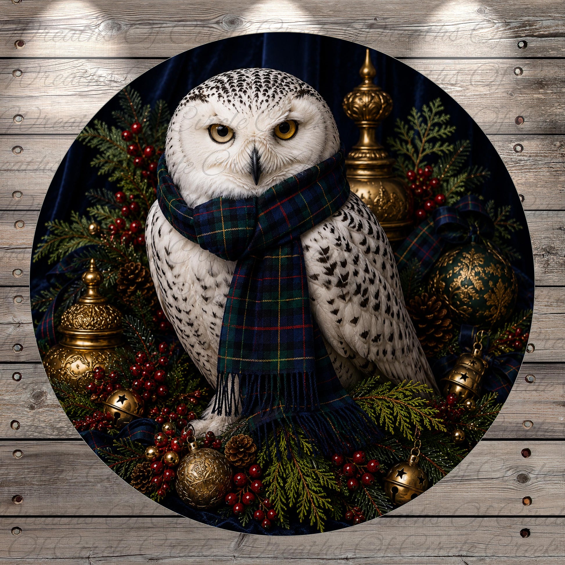 A white owl wearing a plaid scarf is perched on a branch surrounded by holiday decorations, including ornaments, pine cones, and berries.