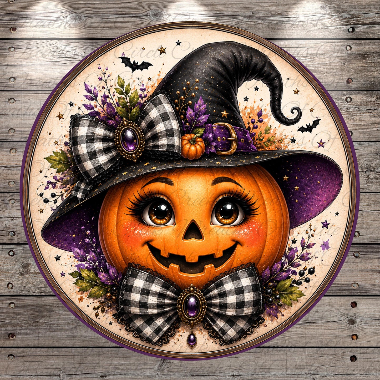 A whimsical Halloween-themed illustration featuring a smiling jack-o-lantern wearing a witch's hat with a black and white checkered bow, surrounded by purple and green flowers and stars.