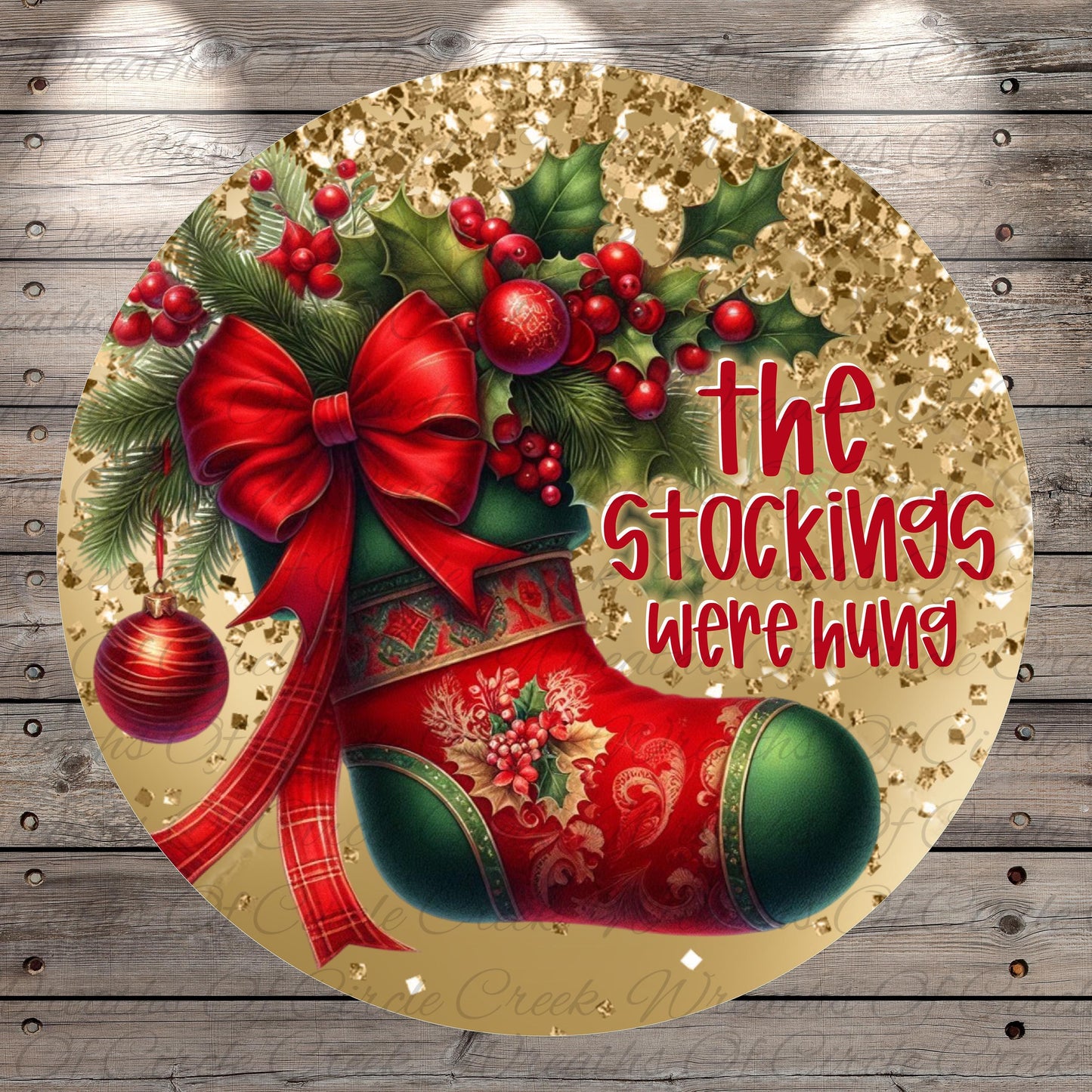 A festive Christmas stocking adorned with red bows, berries, and holly leaves, with the text "The stockings were hung" written on it.