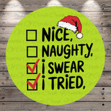 A green circle with a red Santa hat on top, and a list of Christmas-themed phrases written in black text.