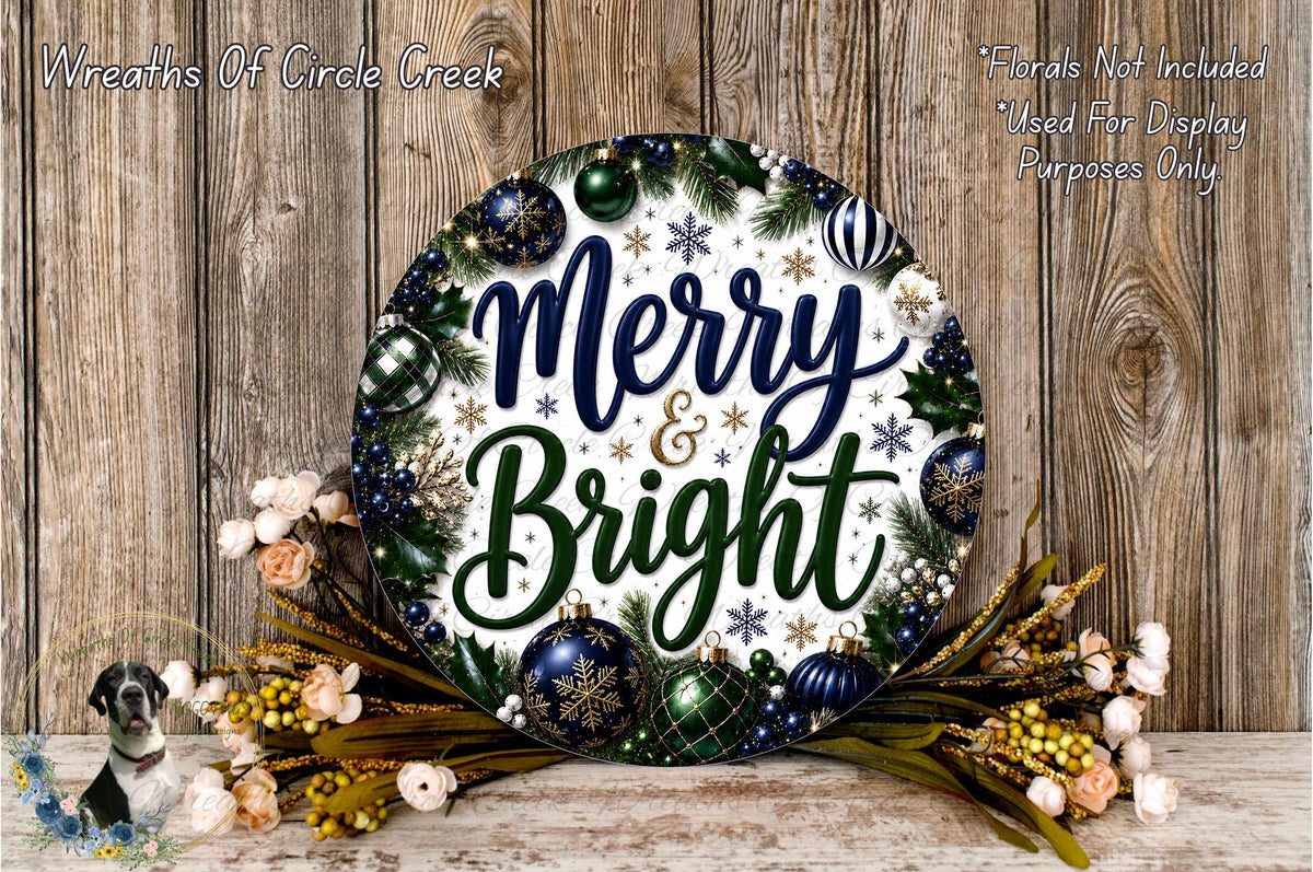 A festive wreath with the text "Merry & Bright" displayed on it, surrounded by various holiday decorations such as ornaments, flowers, and pine branches. The wreath is placed on a wooden surface, and there is a small dog in the background.
