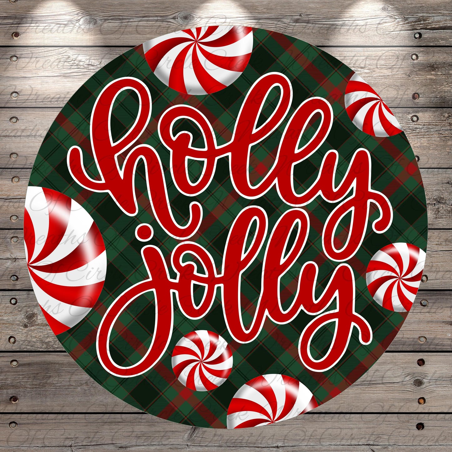 A circular design with the text "holly jolly" written in a decorative cursive font, surrounded by red and white striped candy canes.