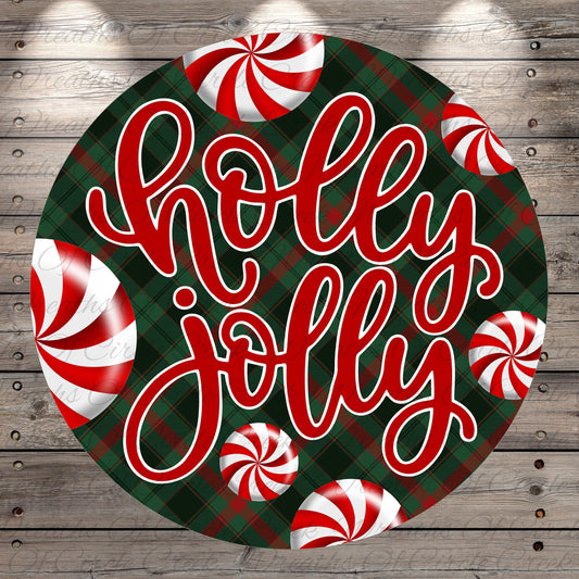 A circular design with the text "holly jolly" written in a decorative cursive font, surrounded by red and white striped candy canes.