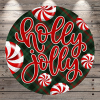 A circular design with the text &quot;holly jolly&quot; written in a decorative cursive font, surrounded by red and white striped candy canes.