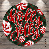 A circular design with the text &quot;holly jolly&quot; written in a decorative cursive font, surrounded by red and white striped candy canes.