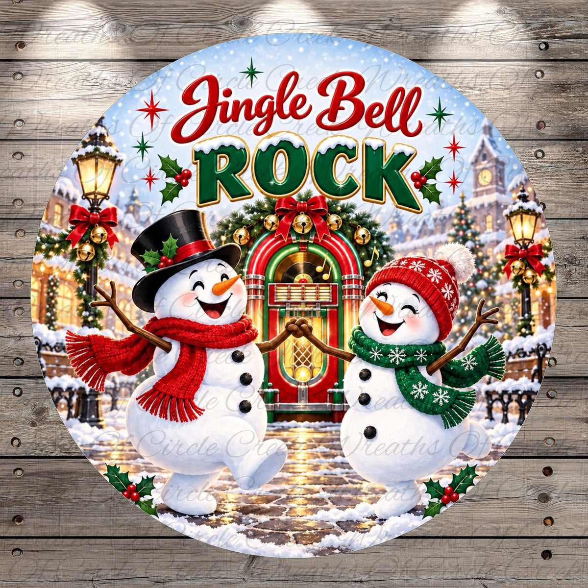 A festive winter scene with two cheerful snowmen dancing in front of a red and green building, surrounded by snow and holiday decorations.