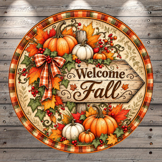 A circular welcome sign with a rustic, autumnal design featuring pumpkins, leaves, berries, and a bow.