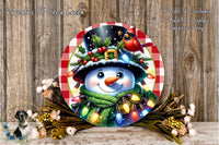A snowman wearing a green scarf and a red hat with a gold bell, surrounded by colorful Christmas lights and flowers, with a red cardinal perched on its head.