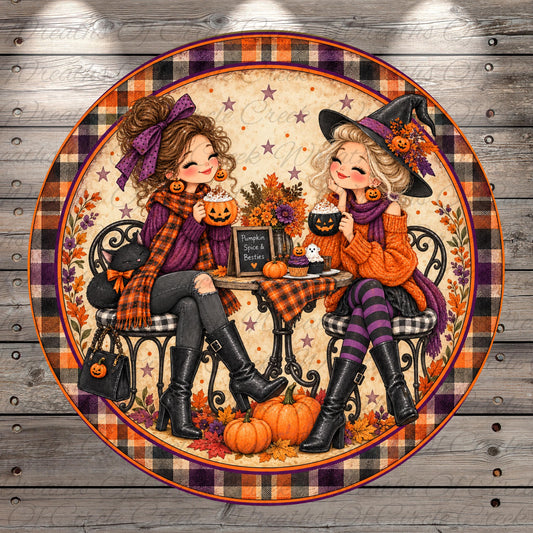 A whimsical illustration depicting two women dressed in Halloween-themed outfits, sitting at a table with pumpkins and other fall decorations, enjoying drinks and snacks.