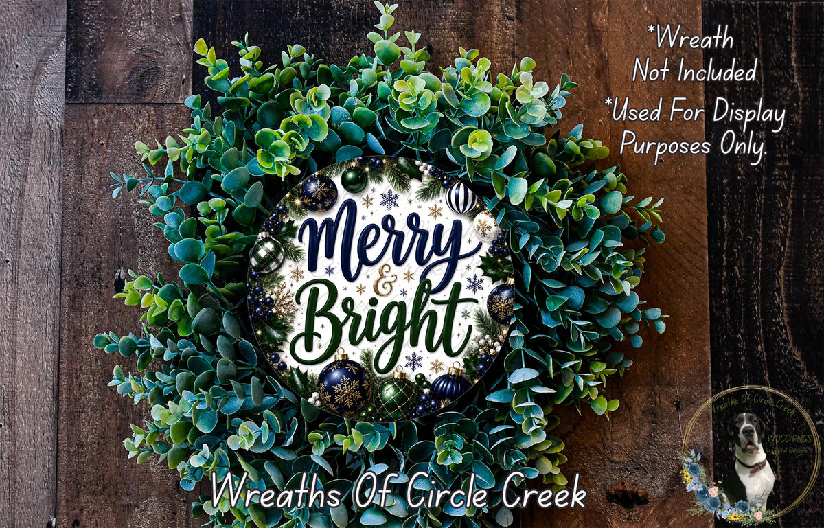 A wreath made of green leaves and ornaments, with the text "Merry & Bright" displayed on it.