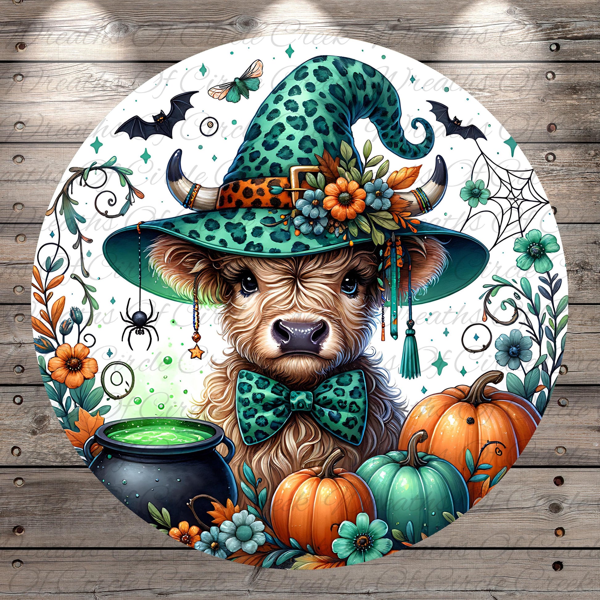 A whimsical illustration of a cow wearing a green witch's hat, surrounded by pumpkins, flowers, and a cauldron, with bats and a spider web in the background.
