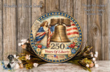 A decorative plaque with the text "Wreaths of Circle Creek" and "250 Years of Liberty" on it, featuring an angel holding a bell and flowers. The plaque is surrounded by a wreath of flowers and a wooden background.