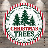 A circular Christmas tree-themed label with the text "Christmas Trees" prominently displayed in the center.