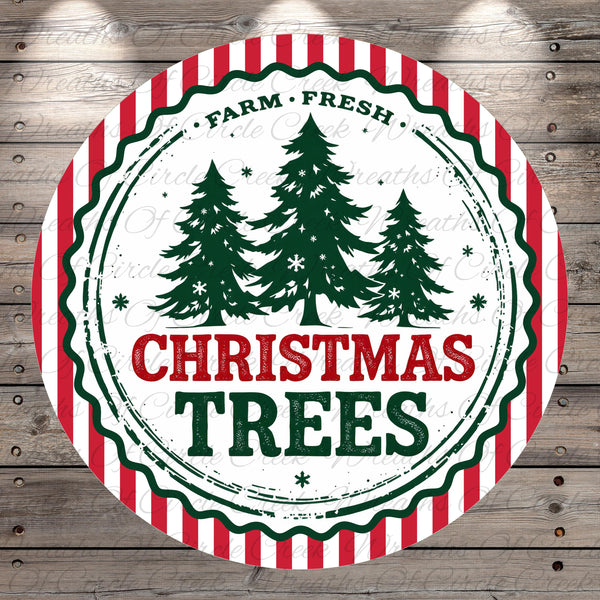 A circular Christmas tree-themed label with the text "Christmas Trees" prominently displayed in the center.