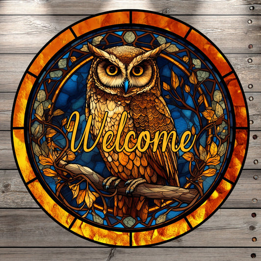 Owl, Welcome, Stained Glass Print, Fall, Round UV Coated, Metal Sign, No Holes