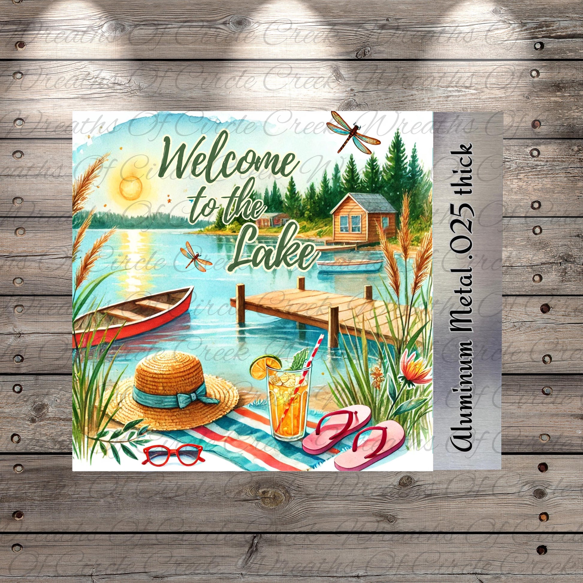The image is a vibrant and colorful illustration of a lakeside scene, featuring a wooden dock, a boat, a cabin, and various summer-themed elements such as a straw hat, sunglasses, and a refreshing drink.