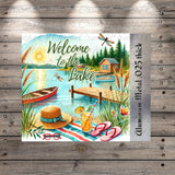 The image is a vibrant and colorful illustration of a lakeside scene, featuring a wooden dock, a boat, a cabin, and various summer-themed elements such as a straw hat, sunglasses, and a refreshing drink.