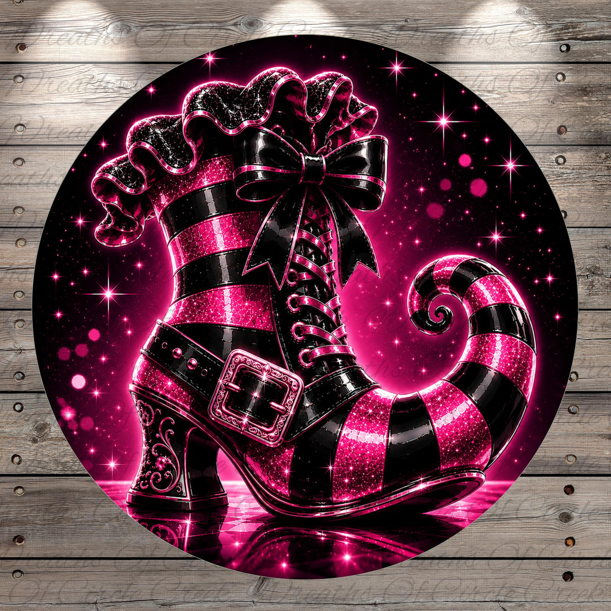 A vibrant, glittery, and sparkly pink and black striped boot with a bow on top, set against a starry night sky background.