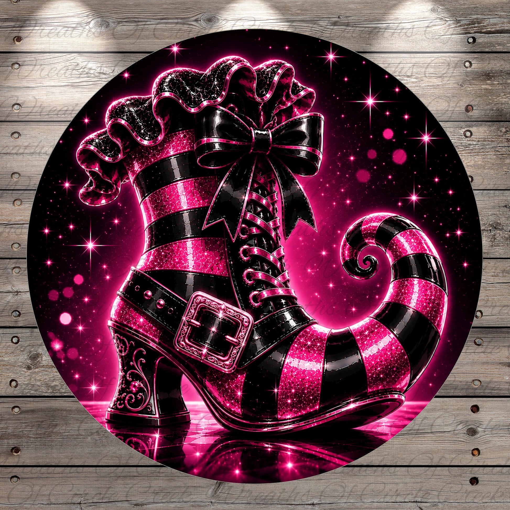 A vibrant, glittery, and sparkly pink and black striped boot with a bow on top, set against a starry night sky background.
