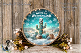 A decorative plate featuring a cactus surrounded by snow and flowers, with the text "Western Wonderland" and "Wreaths of Circle Creek" displayed.