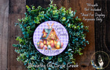 a wreath with a house and Easter eggs, surrounded by greenery. The wreath is described as a "Welcome Wreath" and is not included in the "Purposes Only" list. The wreath is part of the "Wreaths of Circle Creek" collection.