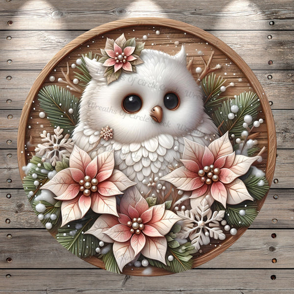 Winter Owl, Pink, Poinsettias, Woodland, Winter, Round, Light Weight, Metal, Wreath Sign, No Holes In Sign