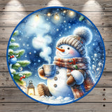 Warm Wishes, Cute Snowman With Cocoa, Round, Light Weight, Metal, Wreath Sign, No Holes In Sign