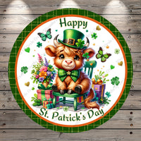 Happy St. Patrick's Day, Highland Cow, Shamrocks, Florals, Butterflies, Round, Lightweight, Metal Wreath Sign, No Holes In Sign
