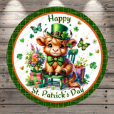 Happy St. Patrick's Day, Highland Cow, Shamrocks, Florals, Butterflies, Round, Lightweight, Metal Wreath Sign, No Holes In Sign