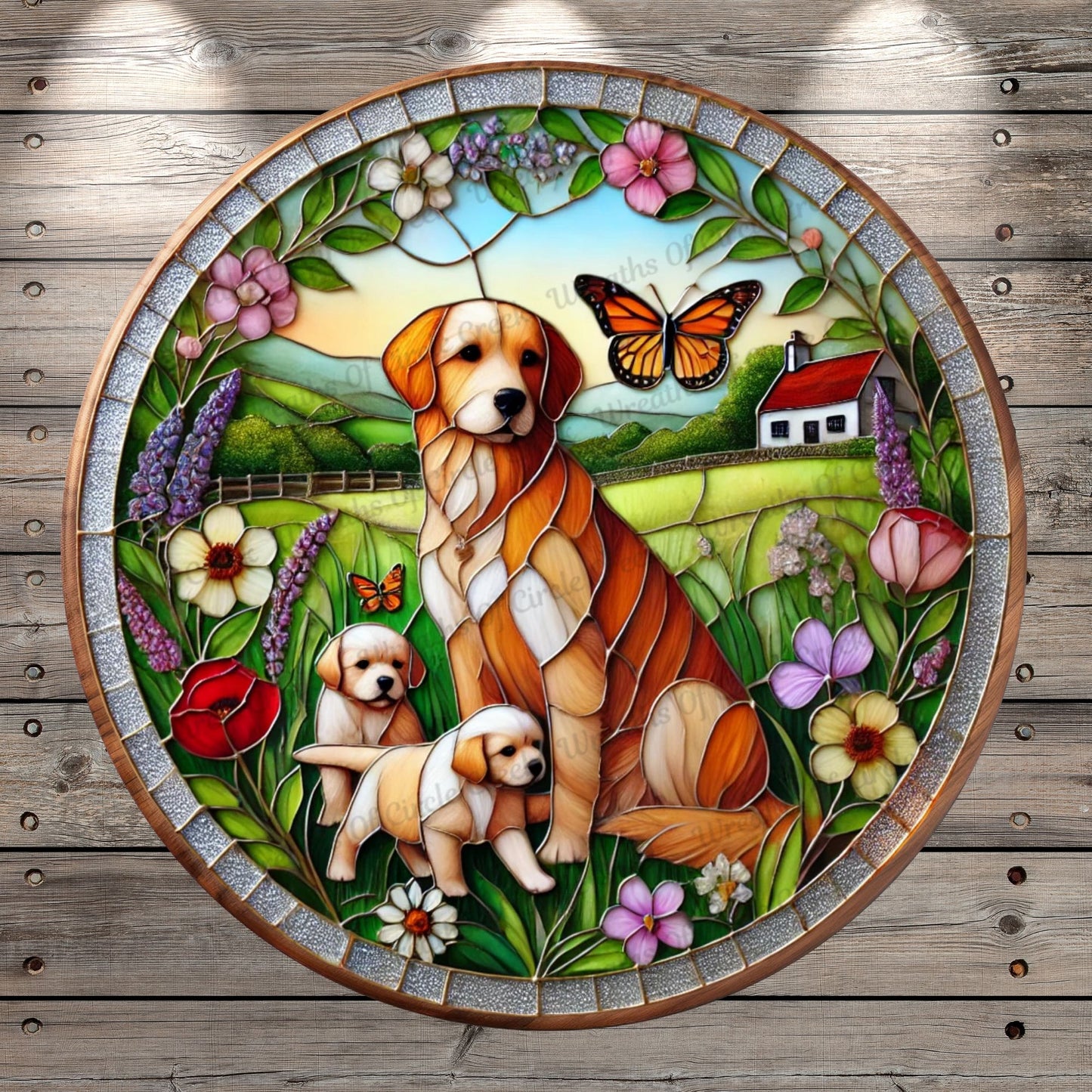 Golden Retriever Mom & Puppies | Lightweight Round Metal Wreath Sign | Faux Stained Glass Look | Florals | No Holes In Sign