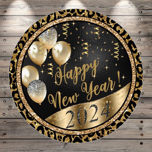 Happy New Year, 2024, Balloons, Leopard, Black, Gold, Silver, Wreath Sign, No Holes, Round UV Coated, Metal