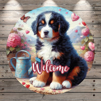Bernese Mountain Dog, Puppy, Hearts, Valentines, Florals, Watering can, Butterflies, Whimsical, Round, Light Weight, Metal Wreath Sign, No Holes, UV Coated