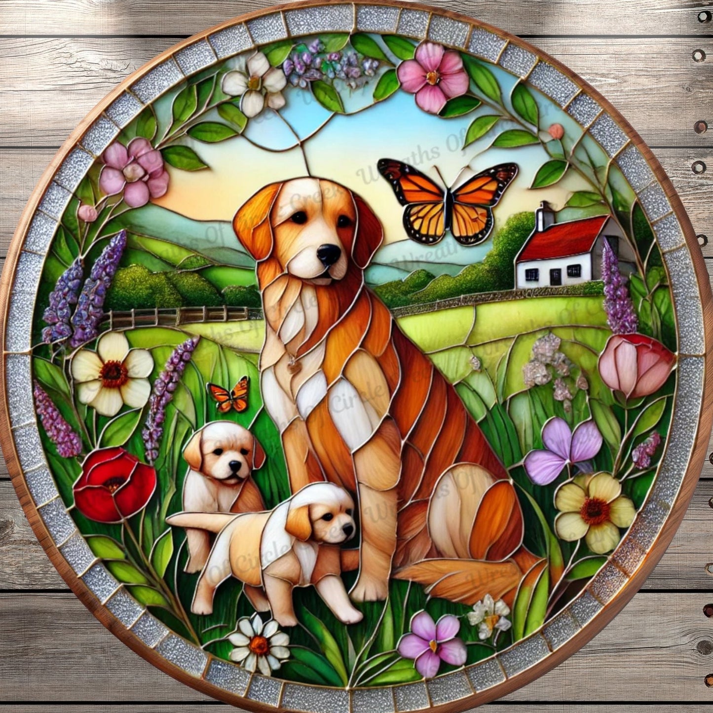Golden Retriever Mom & Puppies | Lightweight Round Metal Wreath Sign | Faux Stained Glass Look | Florals | No Holes In Sign