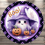 Boo Ghost With Jack-O-Lanterns, Halloween Party, Purple Plaid, Border, Round UV Coated, Metal Sign, No Holes
