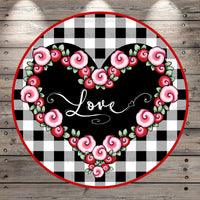 Love, Heart with Florals, Plaid, Light Weight, Round, Metal Wreath Sign, No Holes