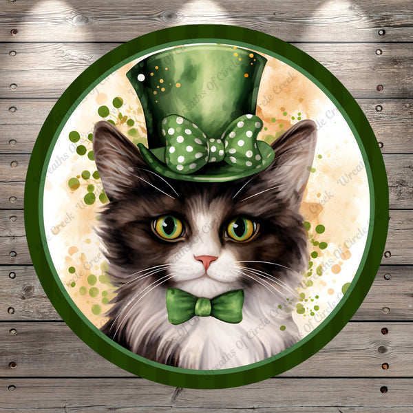 Saint Patrick's Day, Cat With Top Hat,Watercolor, Green, St Patty, Round, Light Weight, Metal Wreath Sign, No Holes