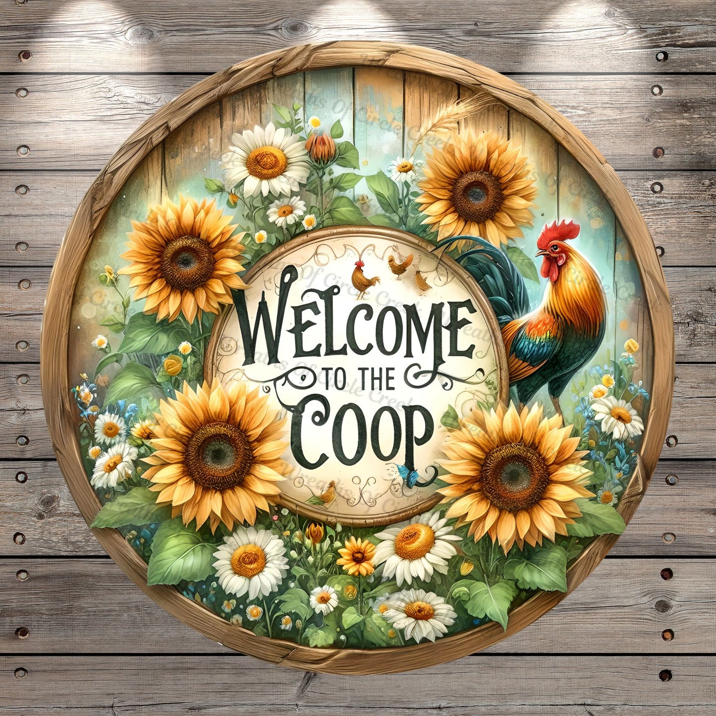 Chicken, Rooster, Welcome To The, Coop, Sunflowers, Daisies, Whimsical, Faux Wood, Round, Lightweight, Metal Wreath Sign, No Holes In Sign