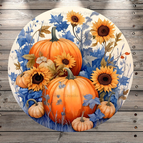 Sunflowers and Pumpkins, Fall, Blue, Round UV Coated, Metal Sign, No Holes