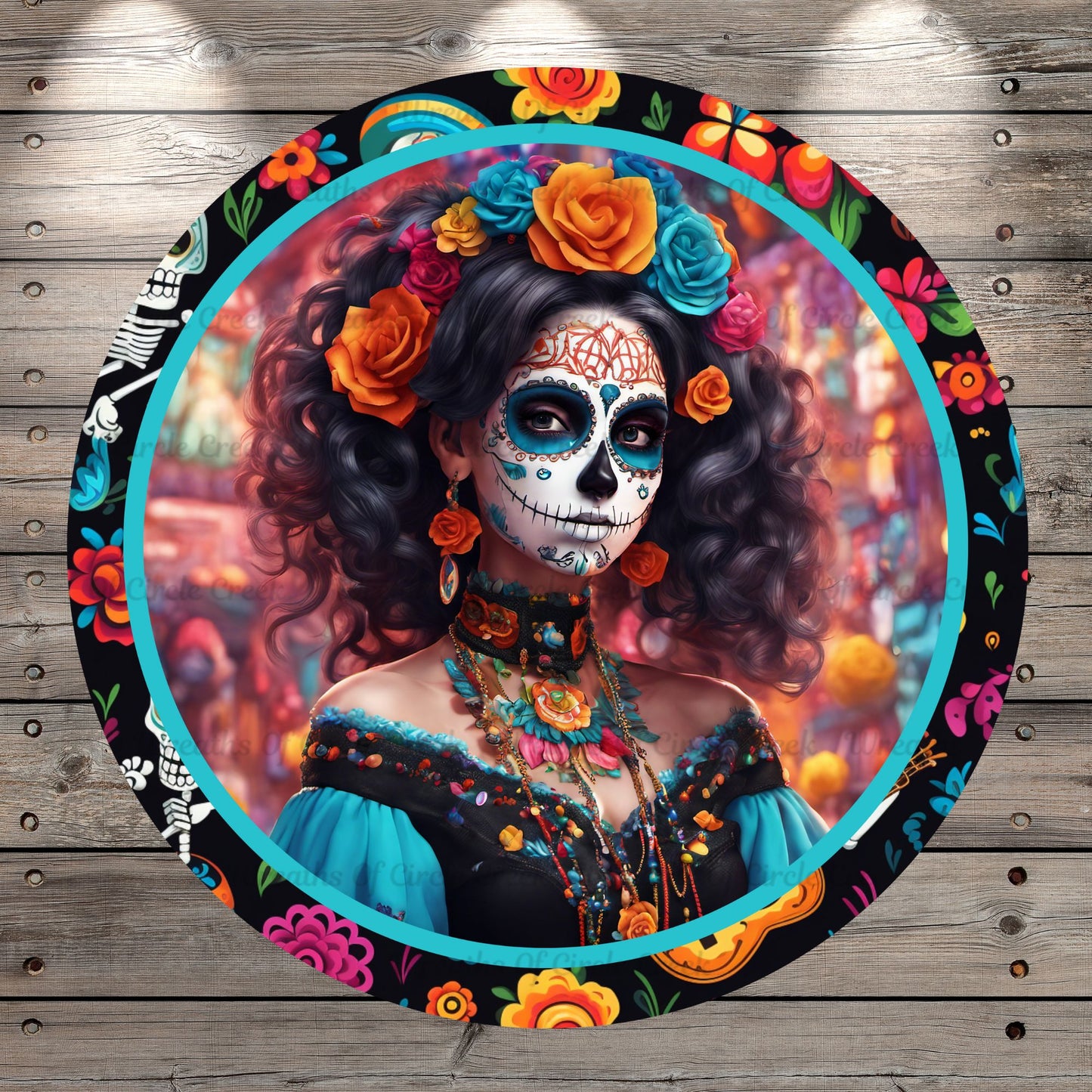 Day Of The Dead, Dia De Los Muertos, Women, Orange, Blue, Floral Border, Light Weight, Metal, Wreath Sign, No Holes In Sign